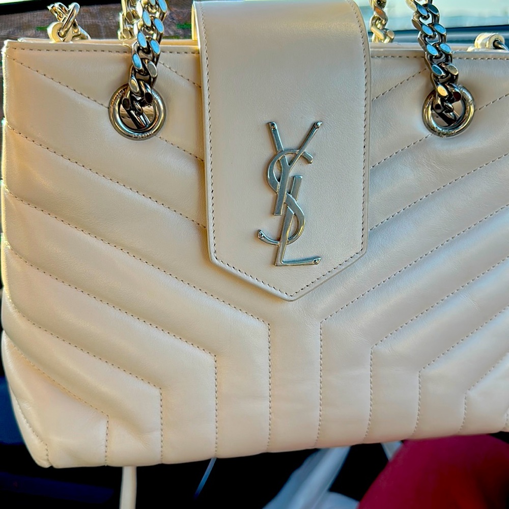 Calfskin YSL Loulou Quilted Monogram Shopper Cream Soufflé